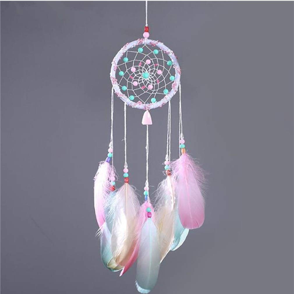 AM ANNA - Boho Pink Beaded Natural Feathers Dream Catcher with Kraft Bag