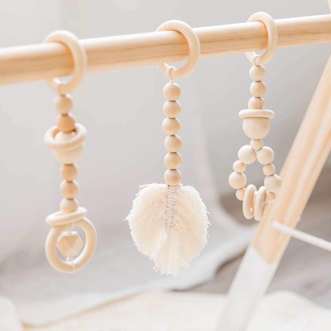 let's make 3pc Baby Play Gym Toys Organic Wooden Teething Ring Baby Play Activity Gym Frame Nursing Accessories Non-Toxic Environmental Protection Sensory Toys