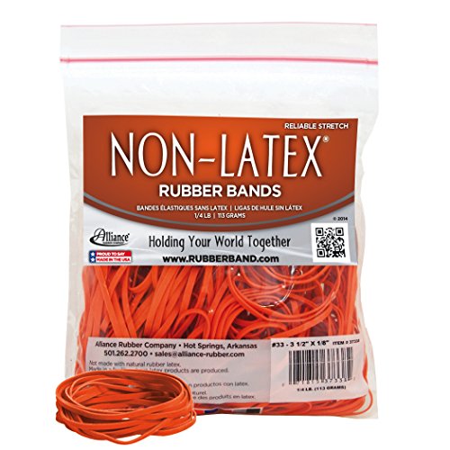 Alliance Rubber 37338#33 Non-Latex Rubber Bands, 1/4 lb poly bag contains approx. 180 bands (3 1/2" x 1/8", Orange)