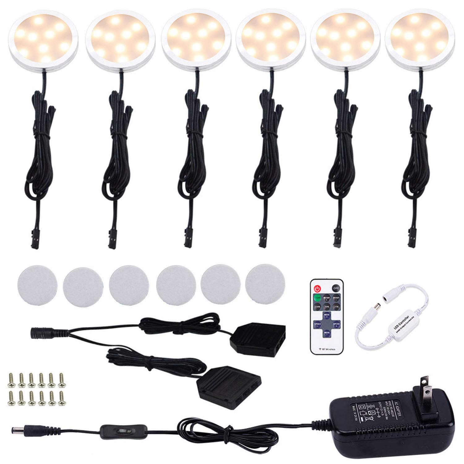 AIBOO12V LED Under Cabinet Lights Kit 6 Pack Black Cord Aluminum Puck Lights for Kitchen Counter Closet Lighting with Wireless Dimmable RF Remote Control 6 Lights 12W (2700K Warm White)