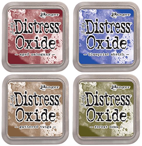 Tim Holtz Ranger Distress Oxide Ink Bundle - Four 3" x 3" Pads (C - Classic : Aged Mahogany, Blueprint Sketch, Forest Moss, and Gathered Twigs)