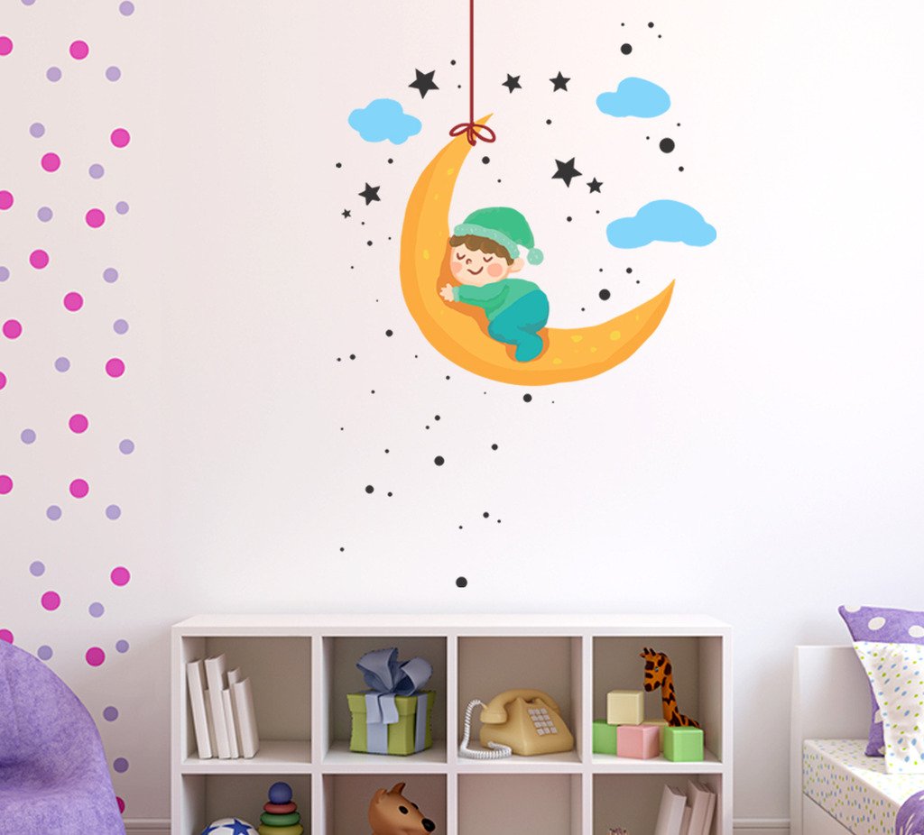 Wallstick ' Baby Moon and Stars ' Wall Sticker (Vinyl, 135 cm x 90 cm, Multicolor)