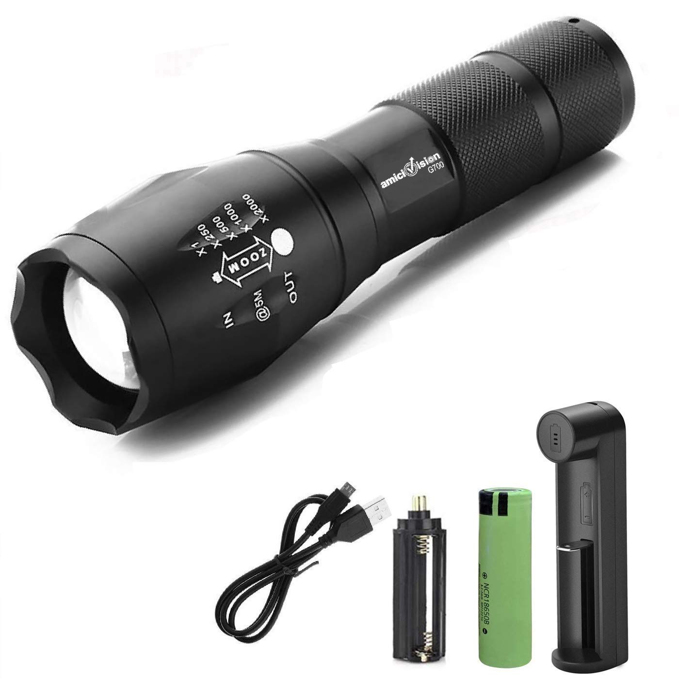 amiciVision Metal LED Torch Flashlight XML T6 and 18650 Rechargeable Battery With Smart Battery Charger