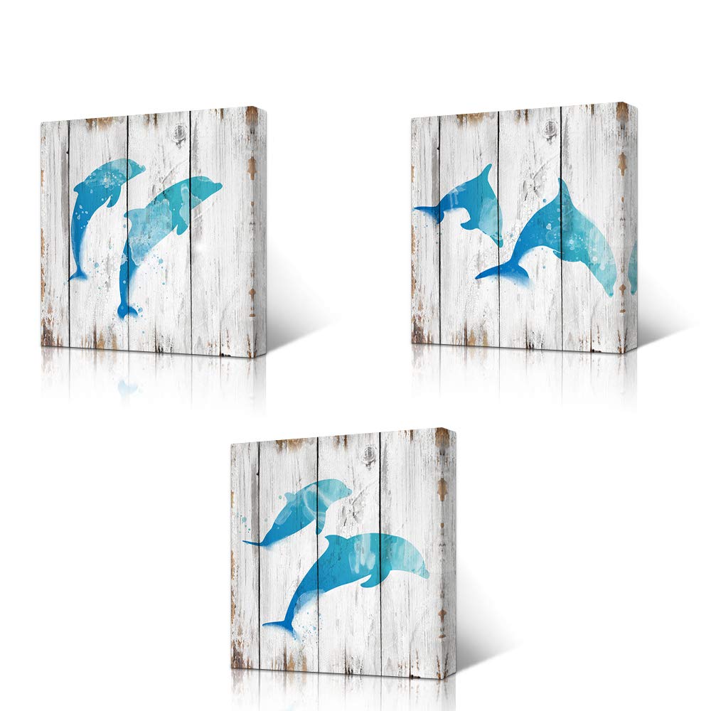 HOMEOART Jumping Dolphins Teal Blue Bathroom Wall Decor Ocean Animal Painting Wood Texture Background Art Print on Canvas Framed Artwork Ready to Hang 12"x12"x3Panels