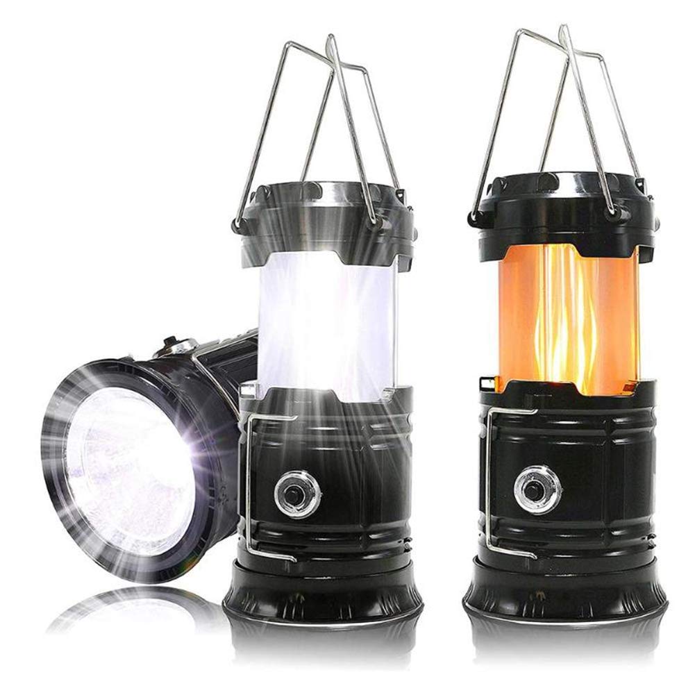 Colorcasa 3-in-1 Camping Lantern Portable Outdoor LED Flame Lantern Flashlights Solar Camping Lantern (Black)