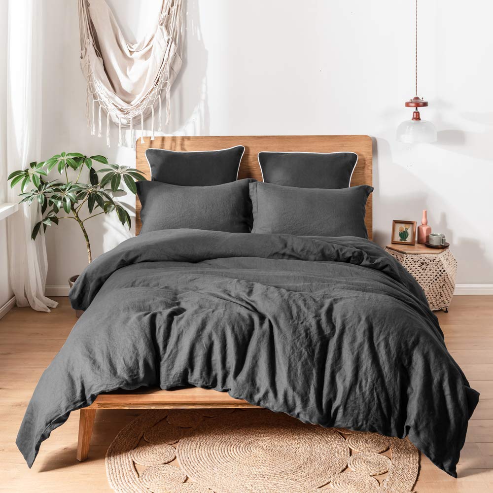 Simple&Opulence 100%Washed Linen Duvet Cover Set-France Flax-3 Pieces Solid Color Basic Style Bedding Set-Breathable Soft Comforter Cover with 2 Pillowshams(Full,Dark Grey