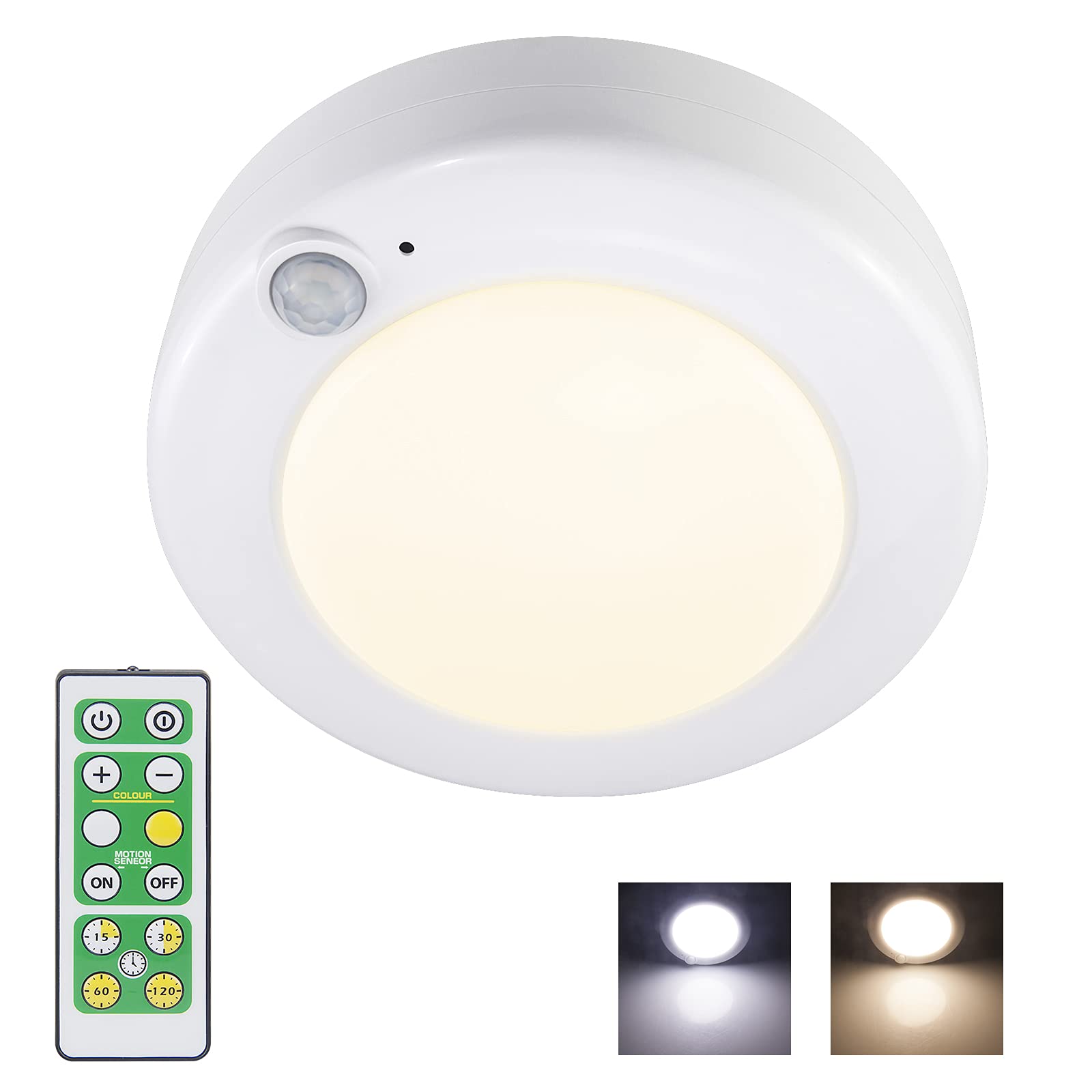 HONGUT Battery Powered LED Ceiling Light, Indoor Motion Sensor Light with Remote, Cordless Shower Light, Stick Overhead Light for Ceiling Closet Cabinet Bathroom Hallway Stair Wall Shed