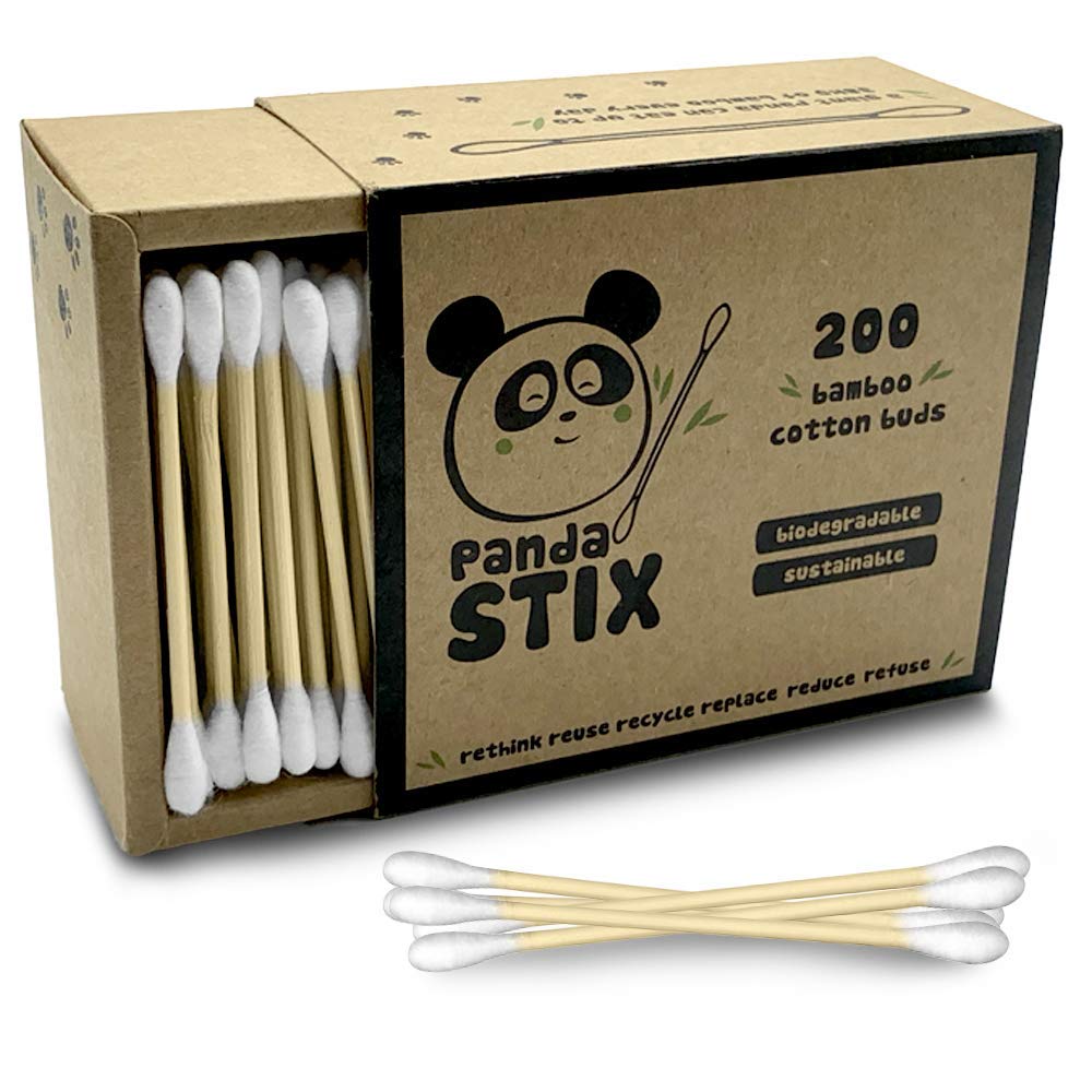 Bamboo Cotton Buds | 200 Buds | Plastic Free Packaging | 100% Natural Eco Friendly & Biodegradable | Environmentally Clean Swab Stems | Organic | by Panda STIX (200 Buds)