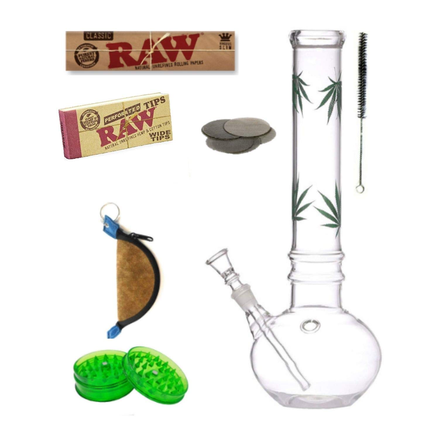 Outontrip Perfect Bong & Accessories combo of 12 Inch Glass Bong with Ice Chamber & leaf stickers also many required accessories includes.