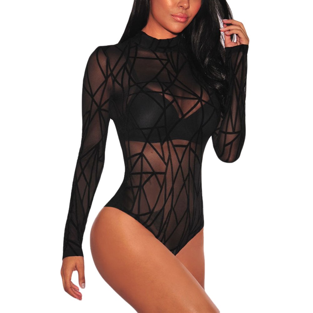 Women Sexy Sheer Mesh Bodysuit Long Sleeve Teddy Lingerie Leotard Clubwear Black