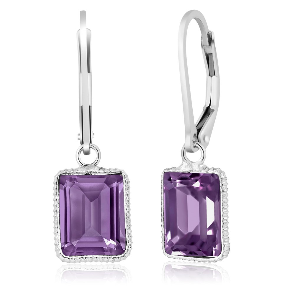 Gem Stone King925 Sterling Silver Amethyst Dangle Earrings For Women (5.00 Cttw, Gemstone Birthstone, Emerald Cut 10X8MM)