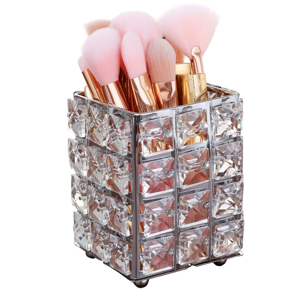 Smi&Love Makeup Brush Holder Crystal Makeup Brush Organizer Storage Bucket Eyebrow Pencil Pen Cup Tools Container (Silver Square)