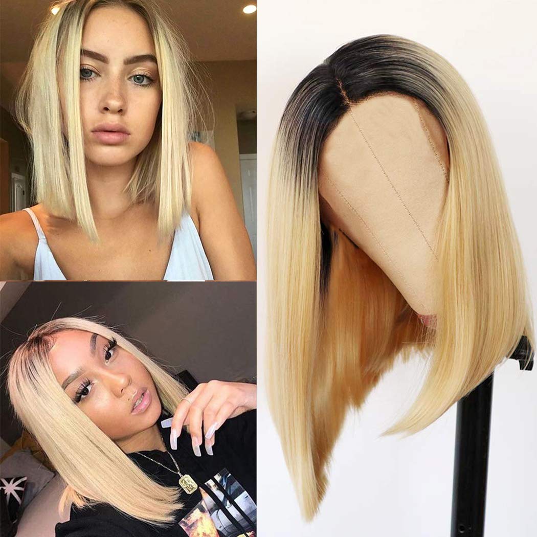 Ombre Blonde Wig for Women Middle Part Shoulder Length Blonde Wigs Short Blonde Ombre Bob Wig 14 Inch Heat Resistant Synthetic Straight Blonde Bob Wig for Daily Party Cosplay Use