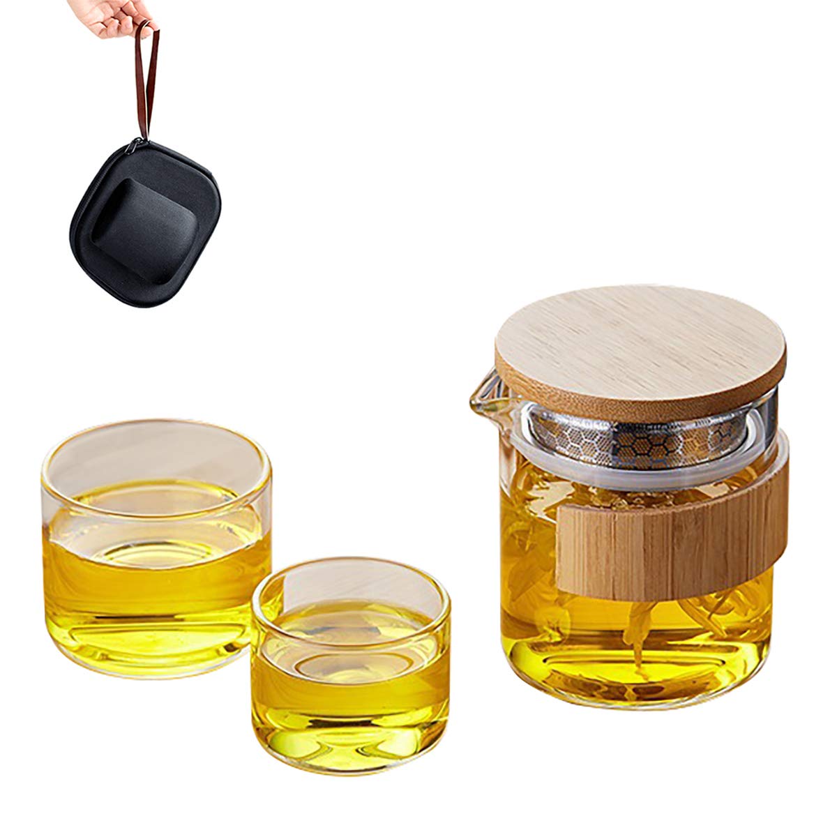 ECYC Portable Travel Tea Set with Storage Case, All-in-One Glass Teawares with Strainer, 1 Teapot 2 Cups