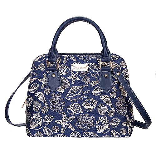 Navy Blue Sea Shell Top-Handle Shoulder Bag by Signare/Ladies Beach Unusual Starfish Fabric Handbag/CONV-SHELL