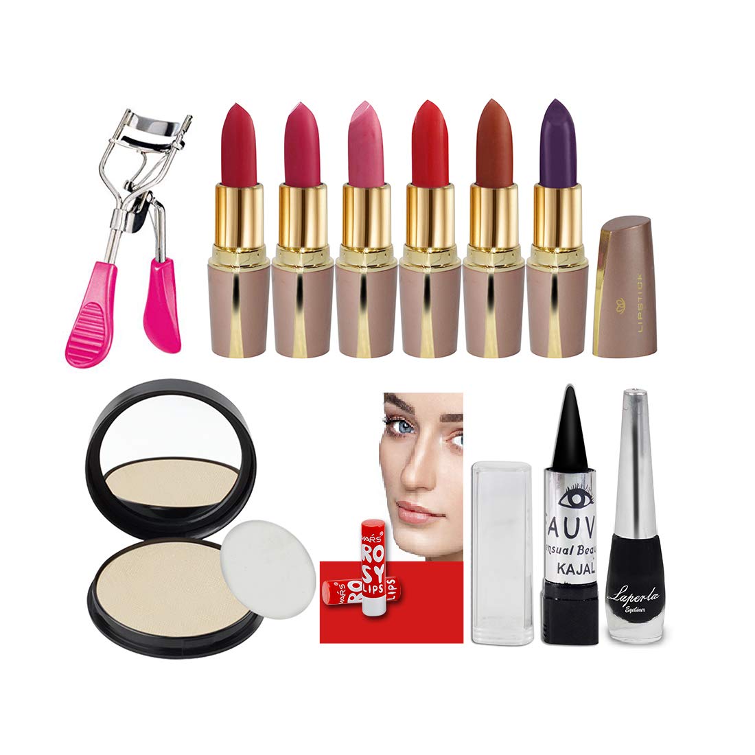 Laperla Travel Makeup Combo Sets With Lipstick, Compact, Eyeliner,Eye Curler,Lip Balm,Kajal,Eyeliner