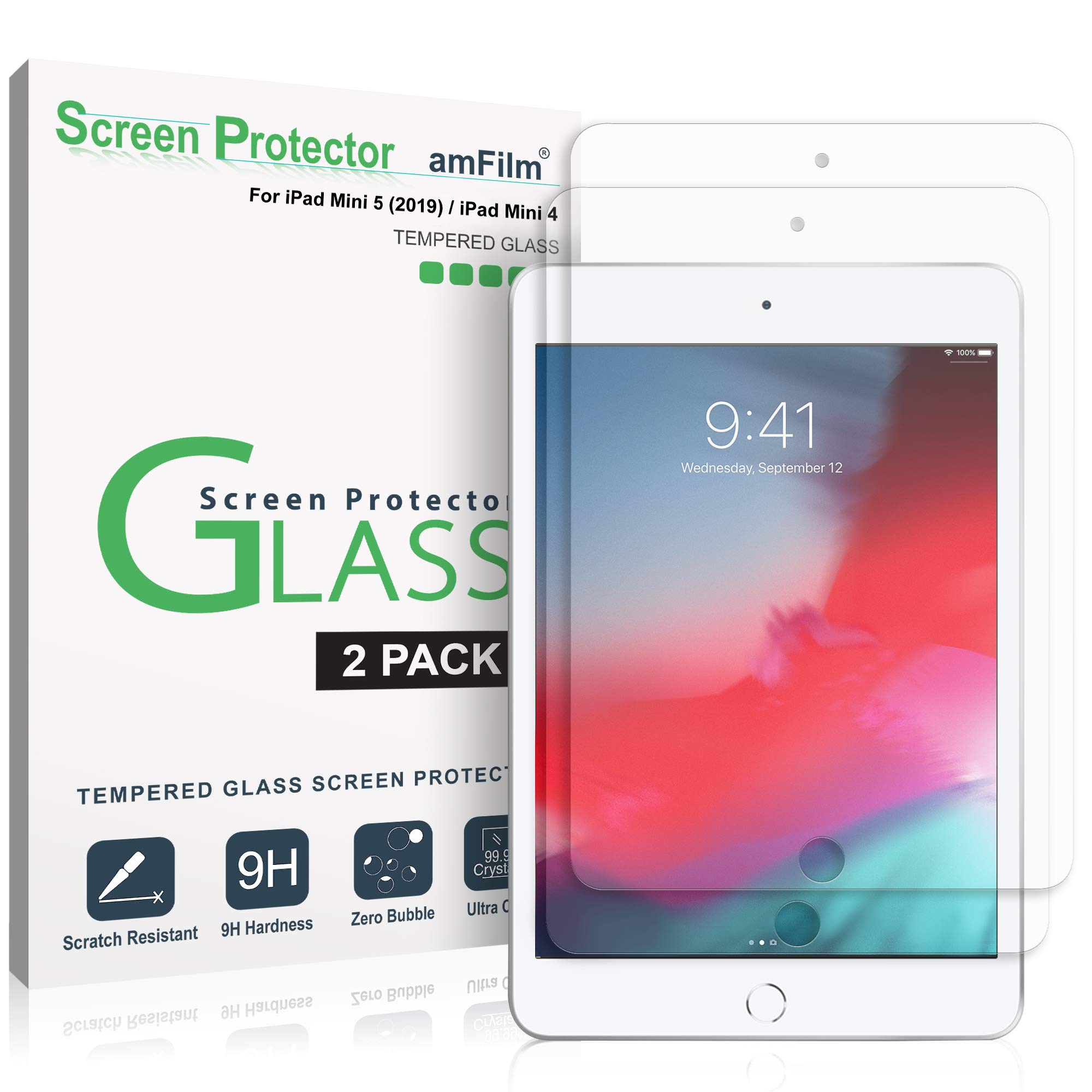 amFilm Screen Protector Glass for Apple iPad Mini 5 (2019) and iPad Mini 4 (2015) - Case Friendly Tempered Glass Screen Protector Film (2 Pack)