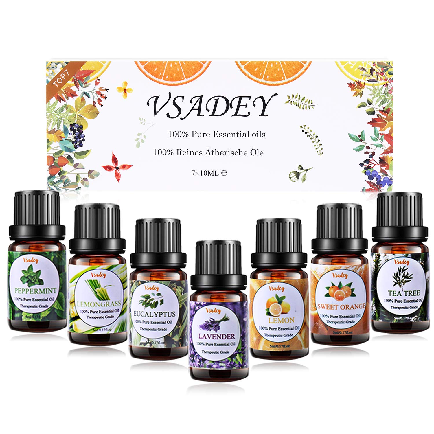 Essential Oils Set 100 Percent Pure Therapeutic Grade 7 x 10ml Diffuser Oil for Aromatherapy - Lavender, Tea Tree, Peppermint, Sweet Orange, Lemon, Lemongrass, Eucalyptus