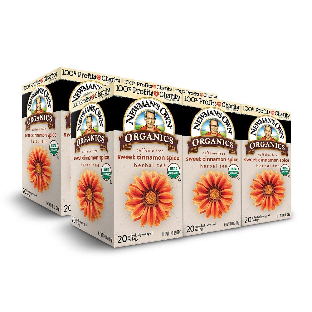 Newman's Own Organic Sweet Cinnamon Spice Herbal Tea with Rooibos Tea with Organic Ginger 20 Individually Wrapped Tea Bags Per Box (Pack of 6) USDA Certified and Kosher Cinnamon Tea Caffeine-Free