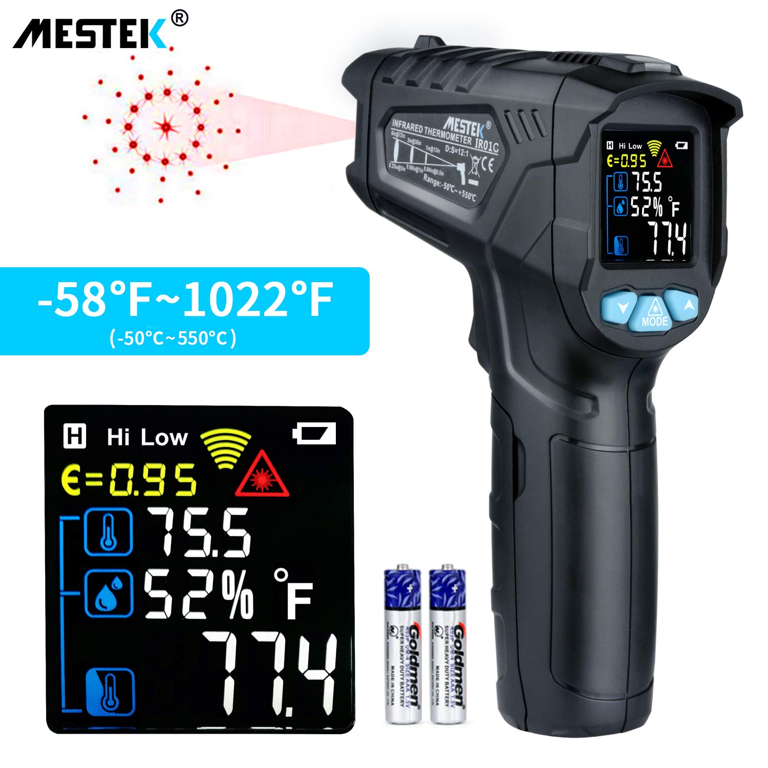 Infrared Thermometer Temperature Gun MESTEK Non-Contact Laser Digital Thermometer with Color LCD Screen -58℉~1022℉(-50℃~550℃) Adjustable Emissivity Humidity Alarm Hold Indoor Food Cooking Outdoor