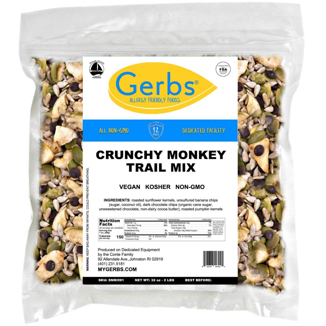 GERBSCrunchy Monkey Snack Mix 2 LBS. | Top 14 Food Allergy Free | Resealable Bag | Made in USA | Sweet Banana Chips, Sunflower & Pumpkin Seeds, Mini Dark Chocolate Chips | Gluten Peanut Tree Nut Free