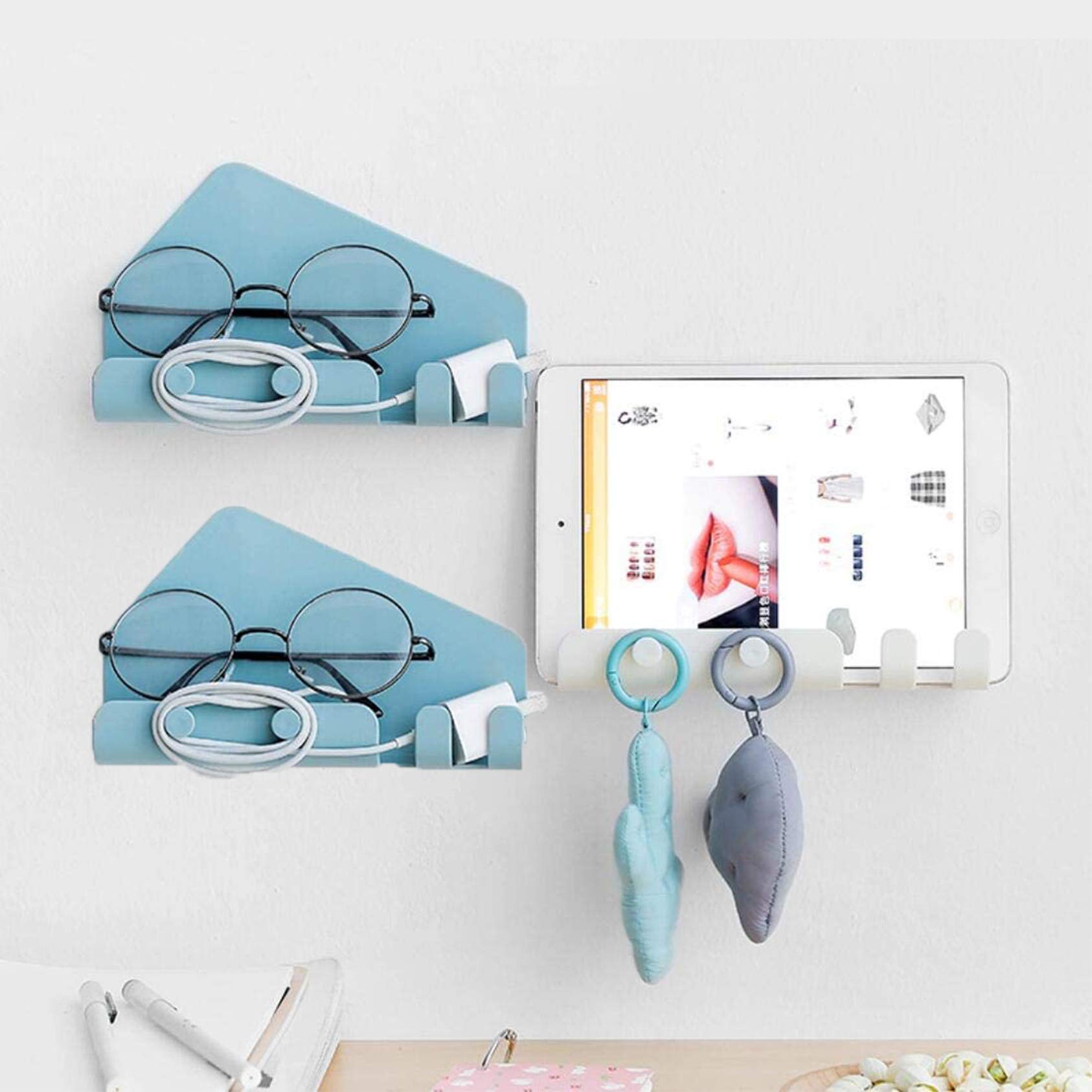 3Pack Clutter Holder,[3Pack Boxed] Wall Holder Bedside Shelf Organizer Wall-Mounted Charging Bracket Holder for iPad Phone Support Wall Non-Trace 4 Hooks Storage Hanger for Home Office(White&Blue)