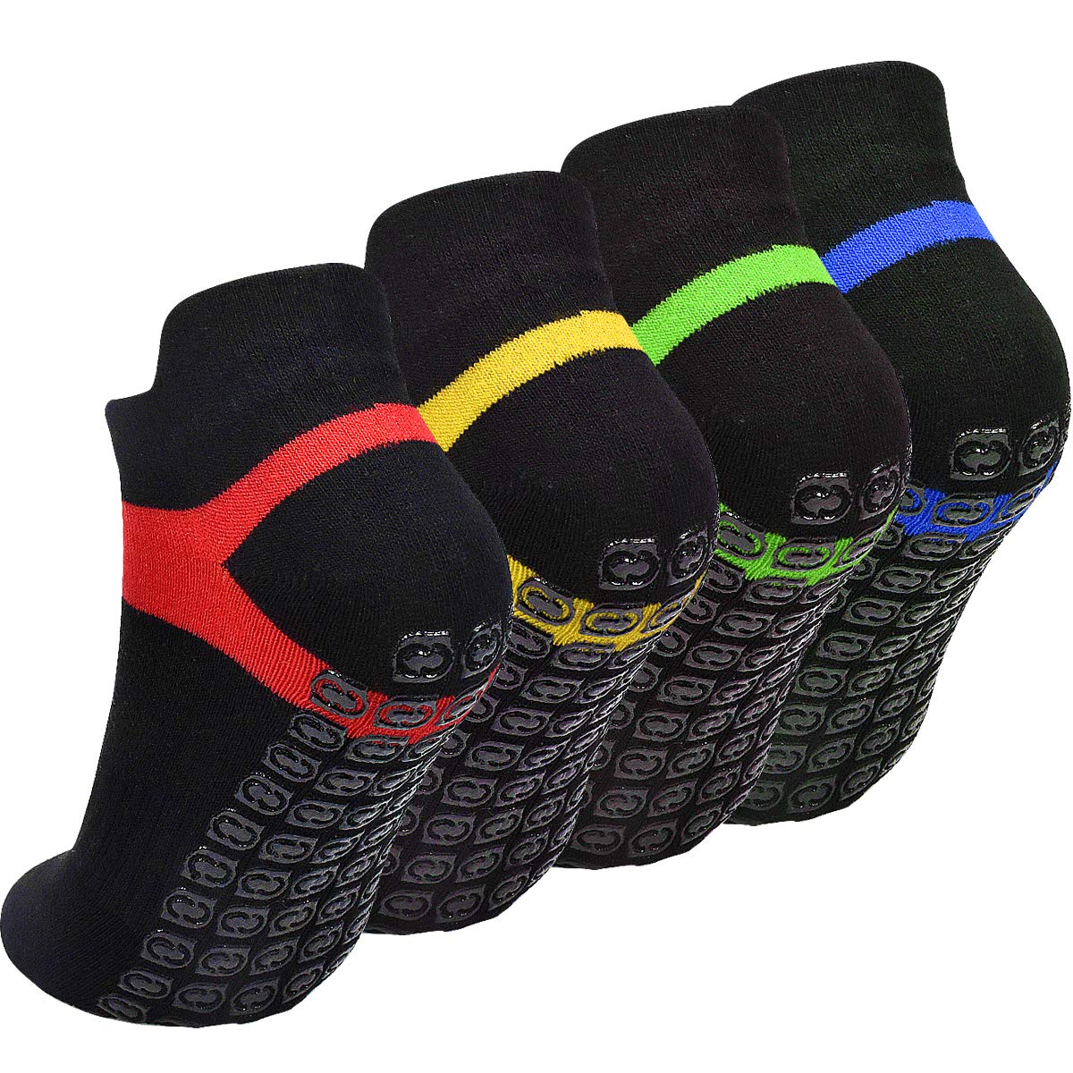 4 Pairs Non Slip Yoga Socks, Pilates Socks with Grips for Men Women, Black Cotton Socks for Fitness, Dance, Barre, Ballet, Size UK.4 - UK.9