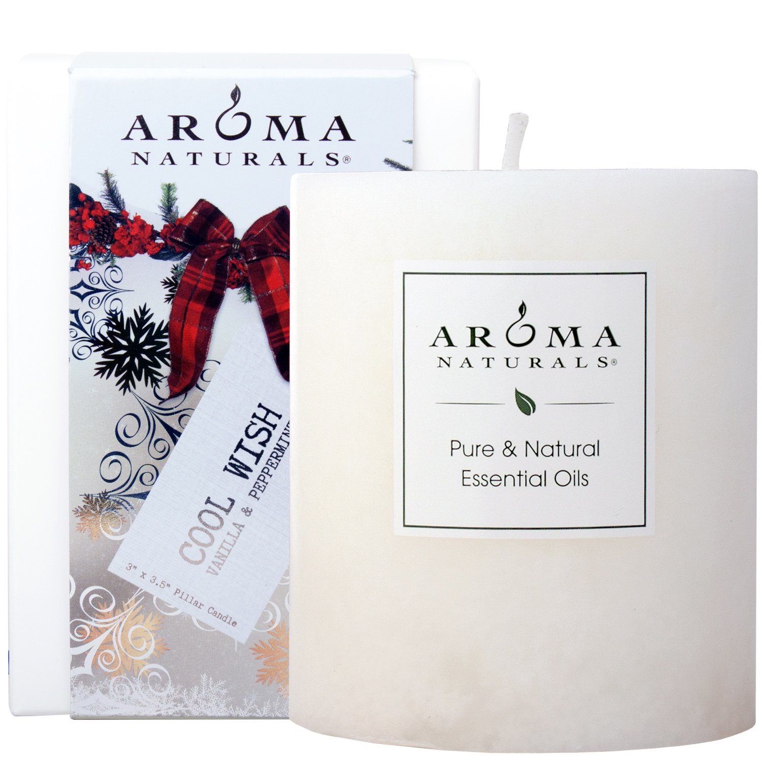 Aroma Naturals Holiday Essential Oil Vanilla & Peppermint Scented Pillar Candle, Cool Wish, 3 inch x 3.5 inch