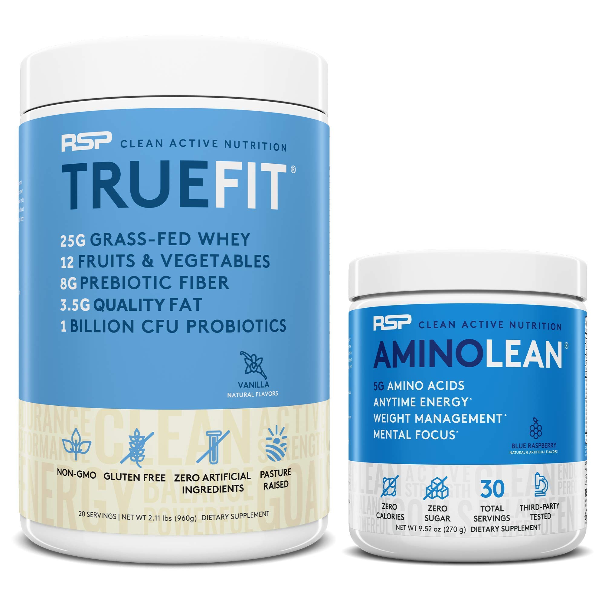 AminoLean Pre Workout Energy (Blue Raspberry 30 Servings) with TrueFit Protein Powder (Vanilla 2 LB)