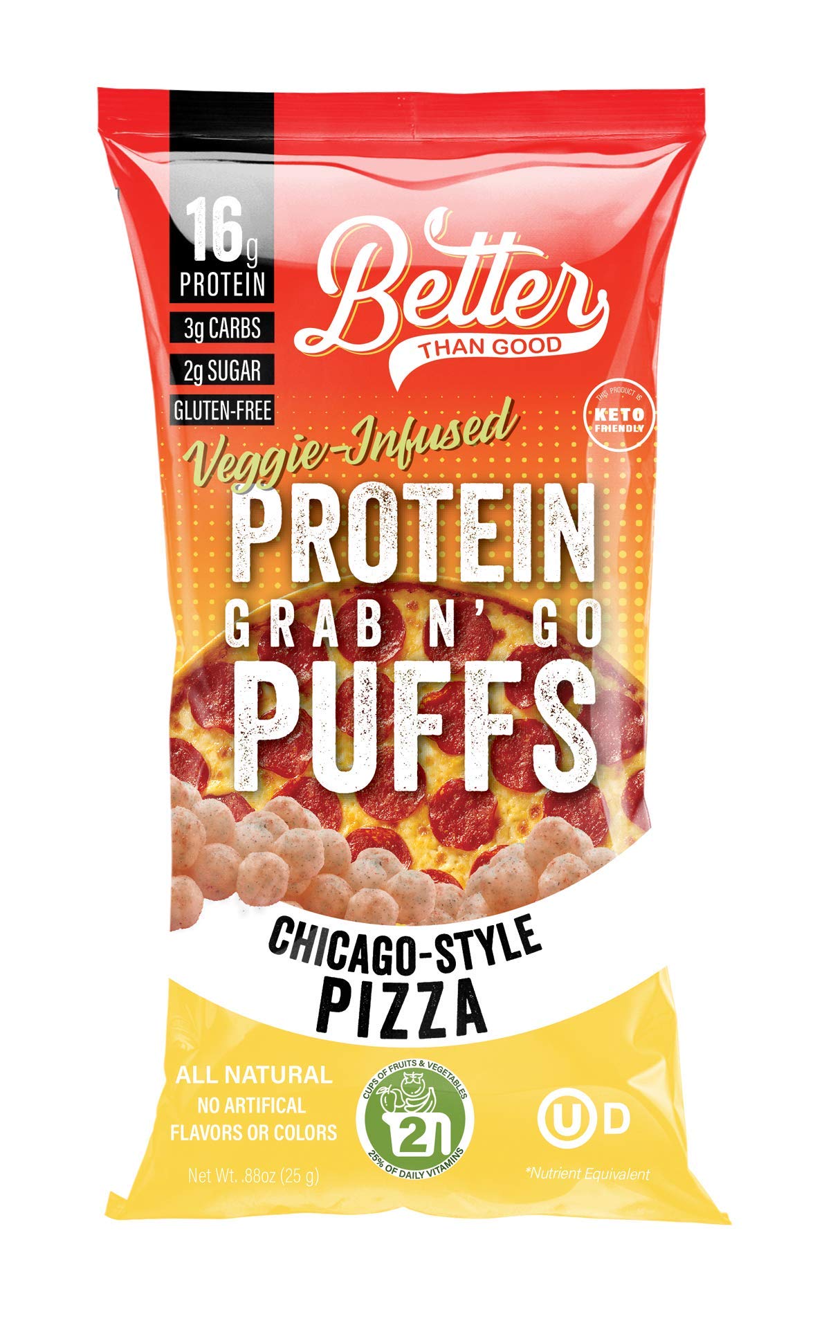 Better Than Good Savory Keto, Gluten-Free Chicago Style Pizza Protein Puffs (4-Pack) - Paleo, Low Sugar, Low Calorie, Diabetic Friendly Snacks | 16g Protein & 2 Servings of Fruits & Veggies