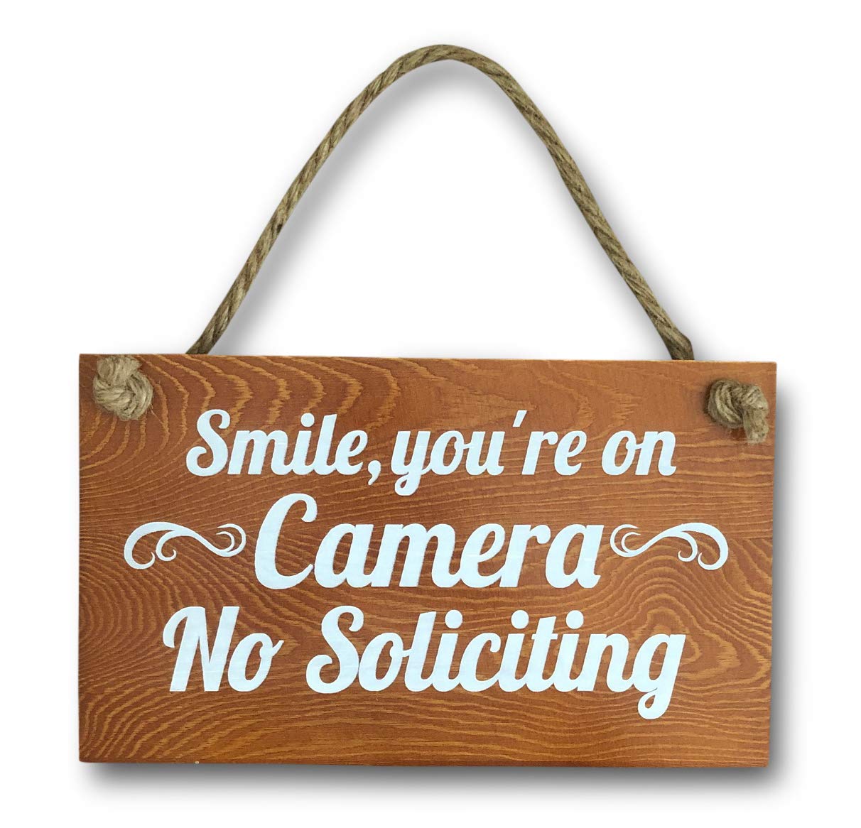 Treasure Trades No Soliciting Sign for House Entry Funny - Door Hanging Sign on Rope Hanger (Smile You’re on Camera)