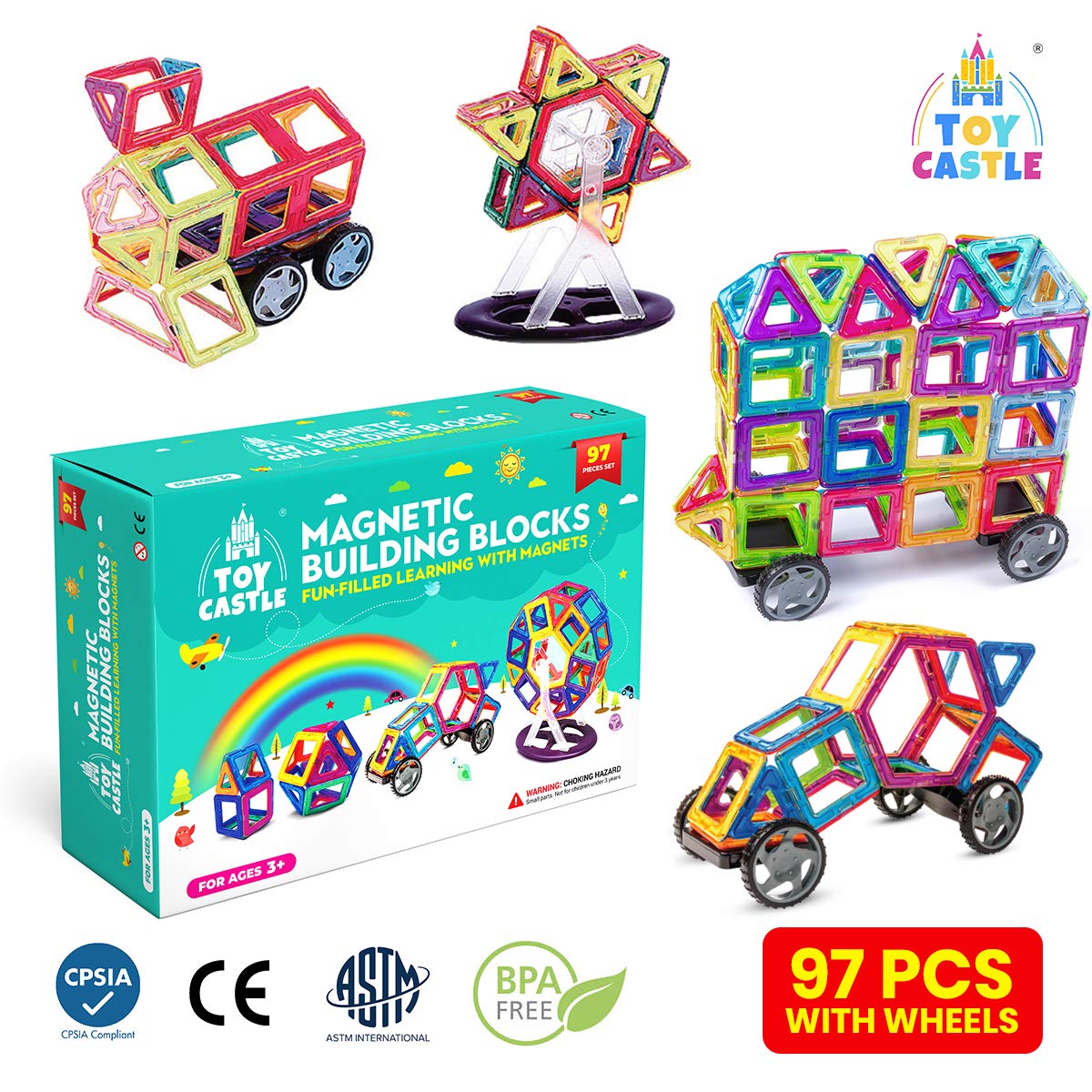 TOY CASTLE Magnetic Building Blocks for Kids ( 97 Pieces) Building Set with Wheels Construction Games- Creativity Educational STEM Toys Boys toys for 5 year old boys and kids toys age 4