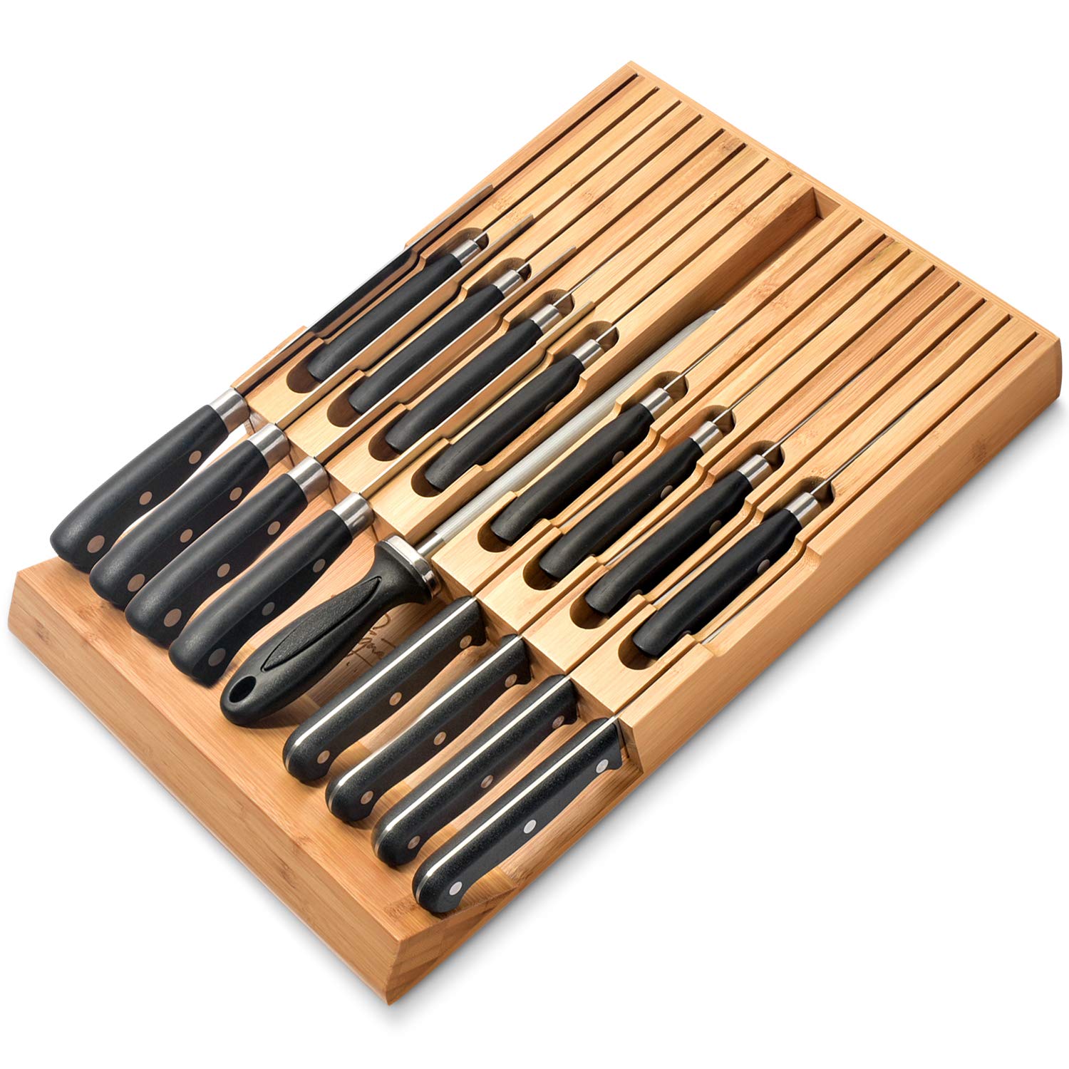 Signature Living Bamboo Drawer Knife Block - In Drawer Knife Organizer Insert for 16 Knives & Knife Sharpener (17”x11.5”x2”) In-Drawer Knife Block without Knives, Easy & Safe Storage - Natural Bamboo