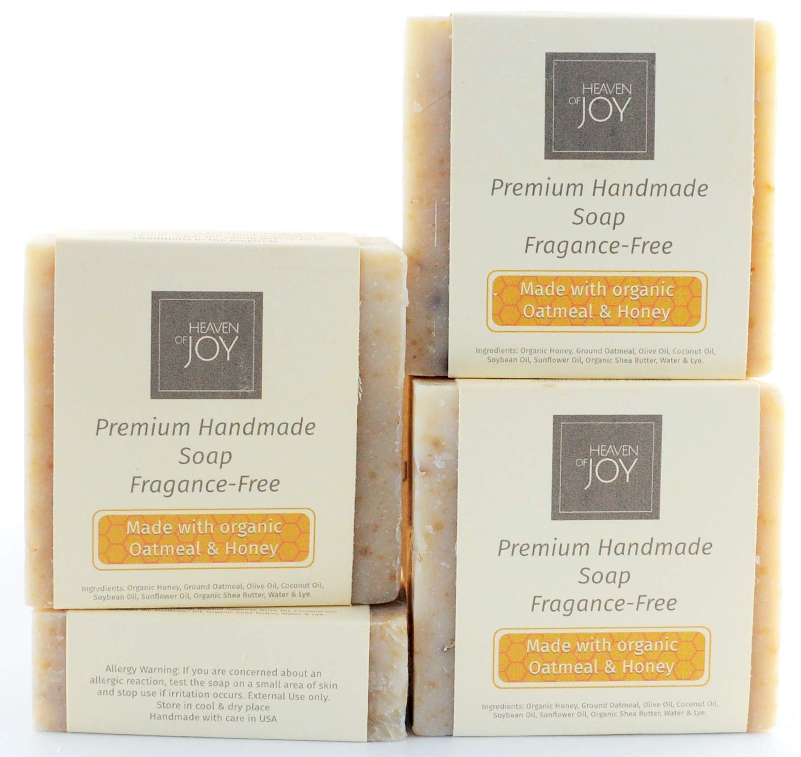 HEAVEN OF JOY Premium Fresh Organic Honey and Oatmeal Soap Fragrance-Free, Natural Soap Made with Organic Ingredients that Leave the Skin Feeling Renewed and Rejuvenated - Skin Hydratant and Body Nourishing, 4 Pack (5oz./Bar)