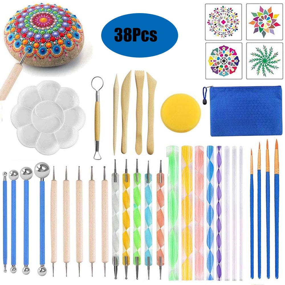 Mandala Dotting Tools, 38Pcs Rocks Mandala Painting Stencil Kits Brushes with Paint Tray for Painting Coloring Drawing and Drafting Art Supplies (38 Pcs)