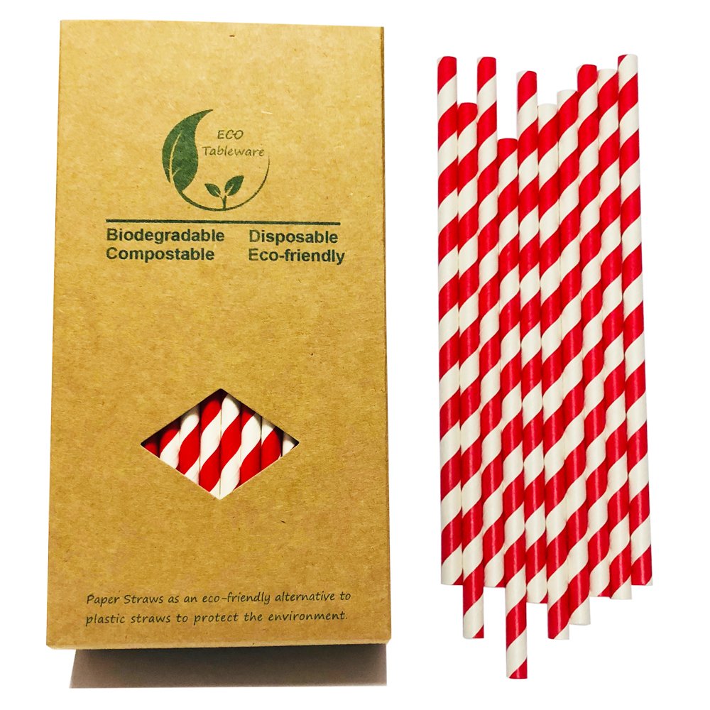 Red and White Striped Paper Drinking Straws,100% Biodegradable Food Grade Disposable Paper Straws Bulk 100 for Cocktail, Coca Cola, Daily Use