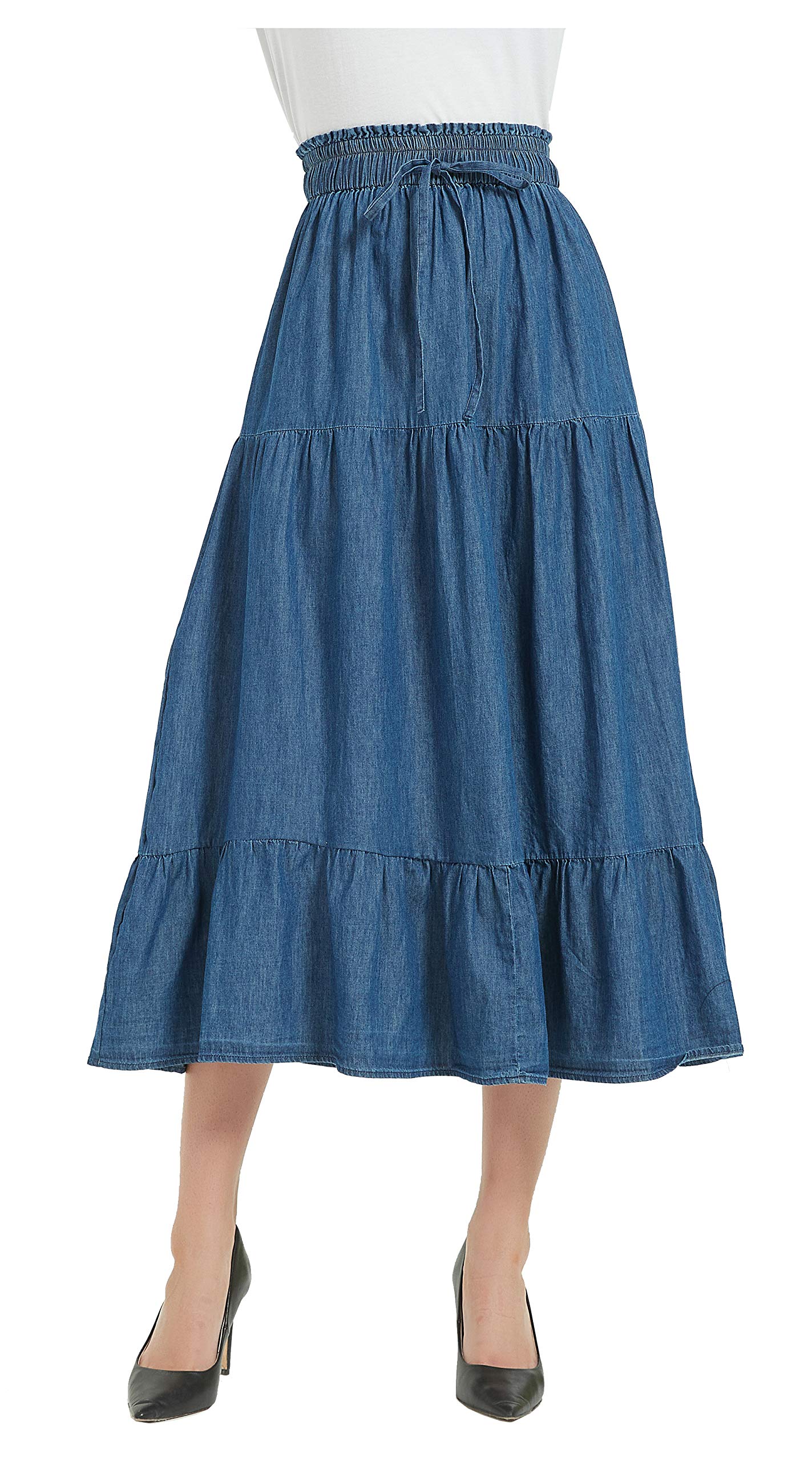 Womens A Line Long Midi Denim Skirt Tired Pleated Layers Elastic Waist Front Drawstring