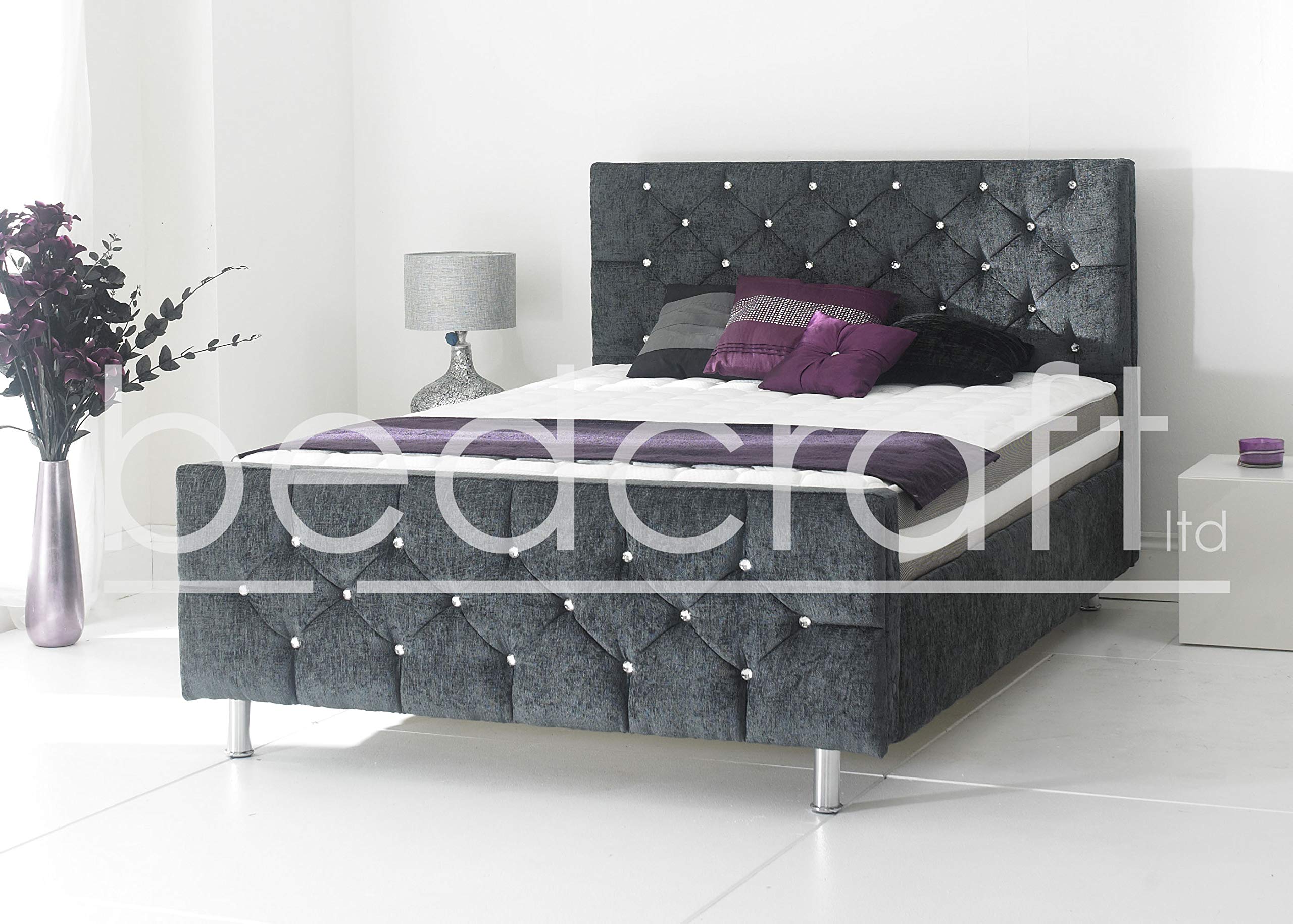 Florence upholstered chenille fabric bed frame diamante and colours uk (charcoal grey, Double)