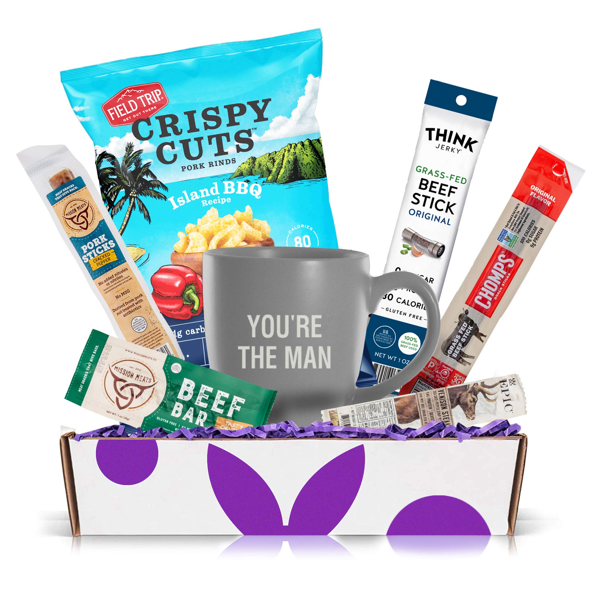 Gluten Free Beef Jerky Gift Basket For Men With “You’re The Man” Mug - Variety Of Exotic Jerky, Beef & Pork Sticks, Great Gift for Dad or Husband