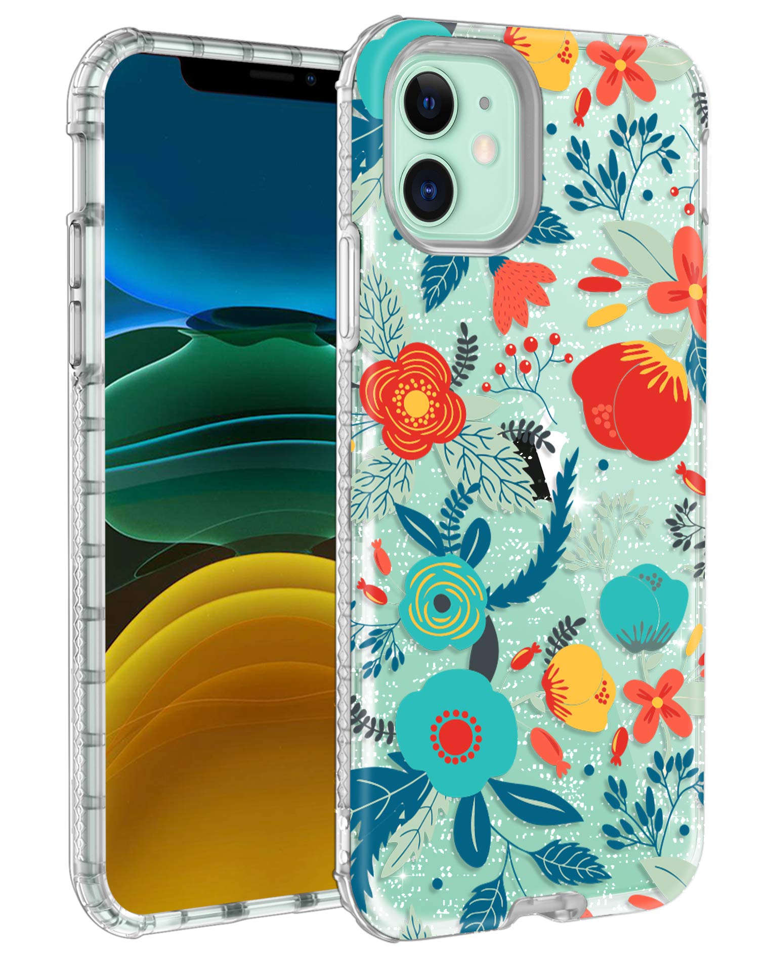 LONTECT for iPhone 11 Case Floral Pattern Glitter Clear Sparkly Bling Heavy Duty Hybrid Sturdy Armor High Impact Shockproof Protective Cover Case for Apple iPhone 11 6.1 2019, Red/Blue Flower