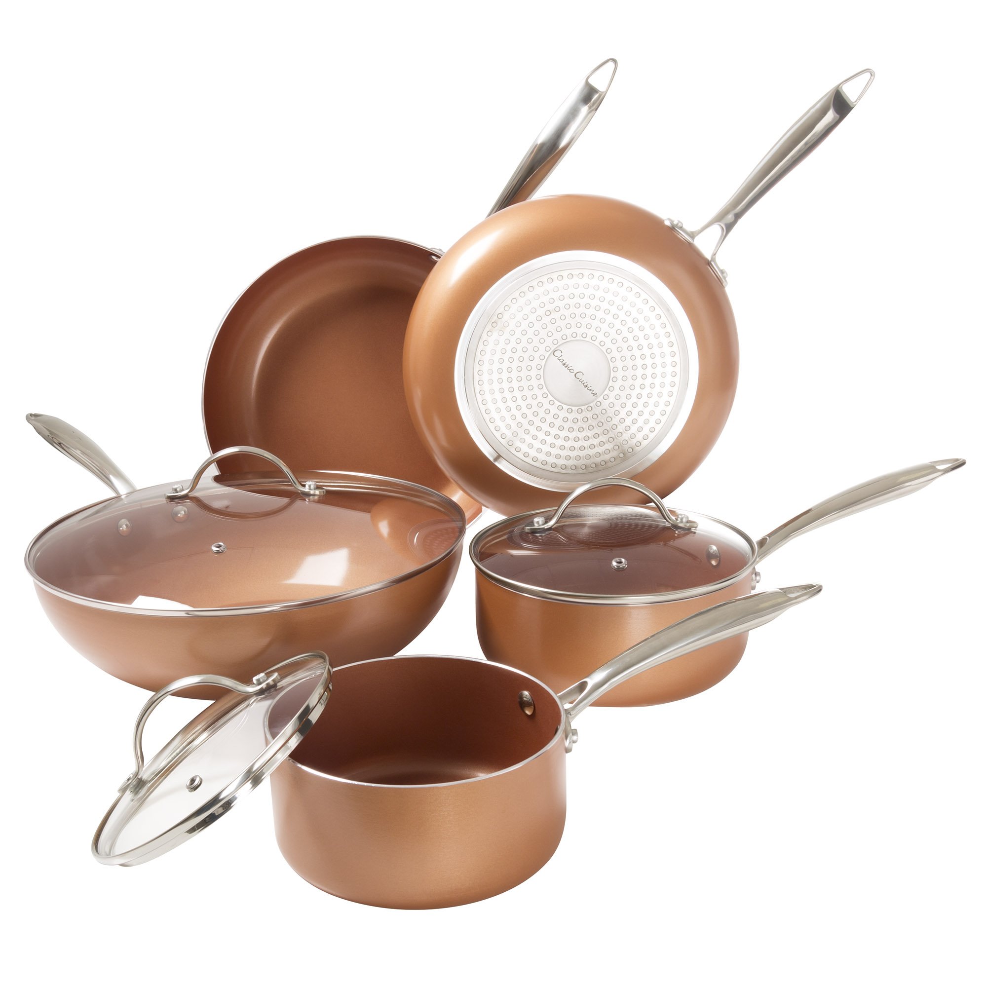 8 Pc Cookware Set with 2 Layer Nonstick Ceramic Coating, Tempered Glass Lid, Copper Color Finish Dishwasher Oven Safe Allumi-Shield by Classic Cuisine