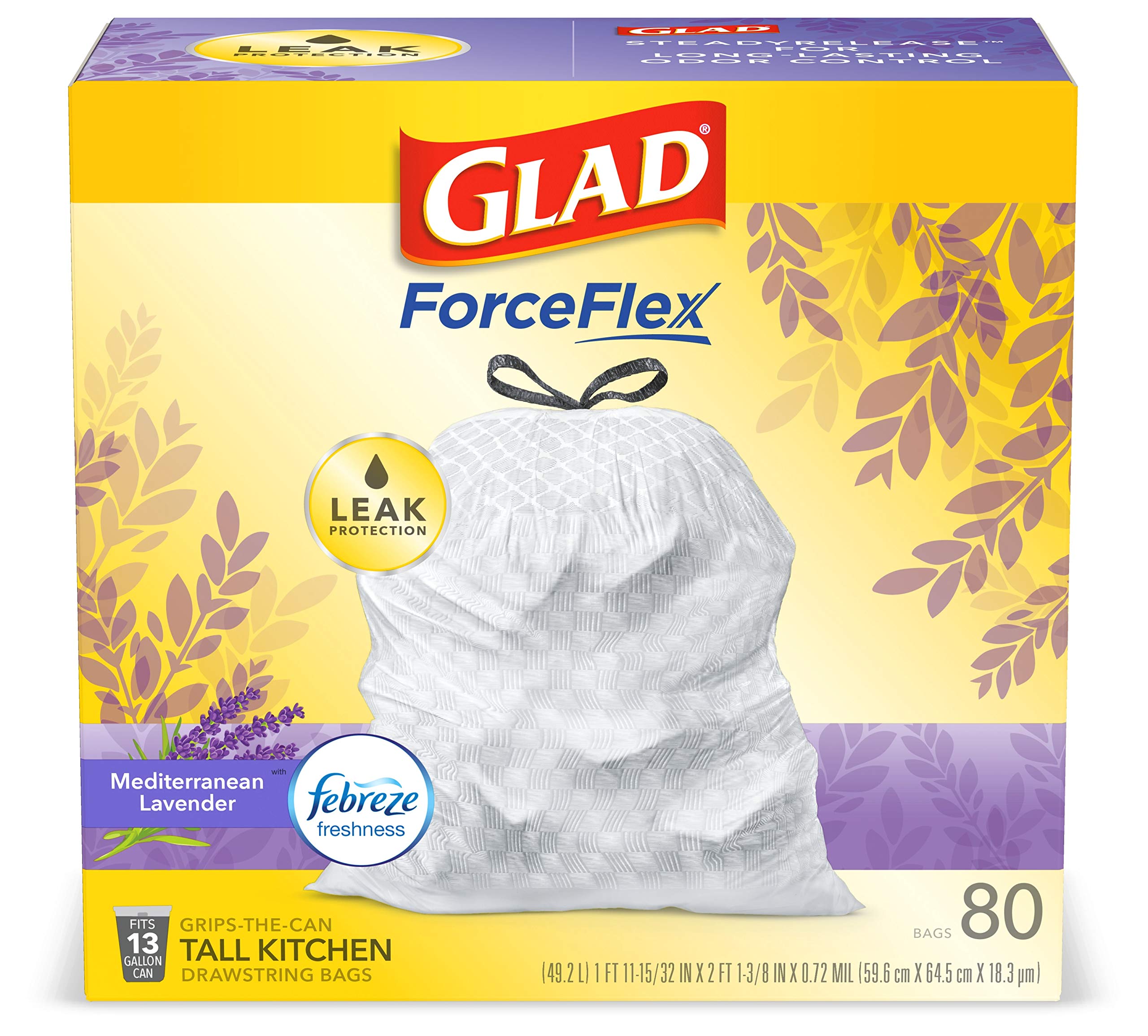 Glad Tall Kitchen Drawstring Trash Bags - OdorShield 13 Gallon White Trash Bag, Febreze Mediterranean Lavender - 80 Count (Packaging May Vary)