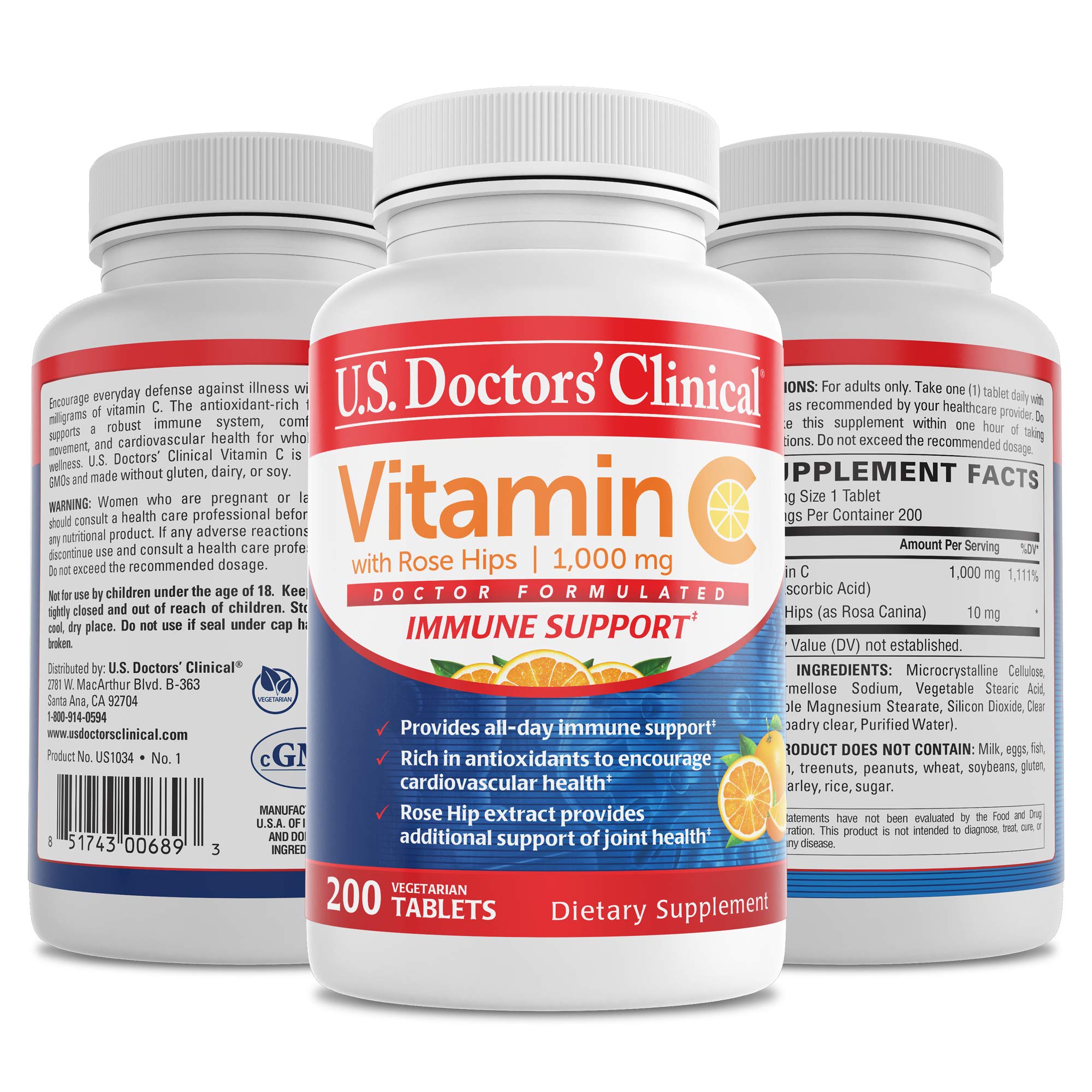 U.S. Doctors’ Clinical 1000mg Vitamin C Tablets for Daily Immune Support, Free Radical Defense and Collagen Production, with Rosehips (Packaging May Vary) [200 Count]