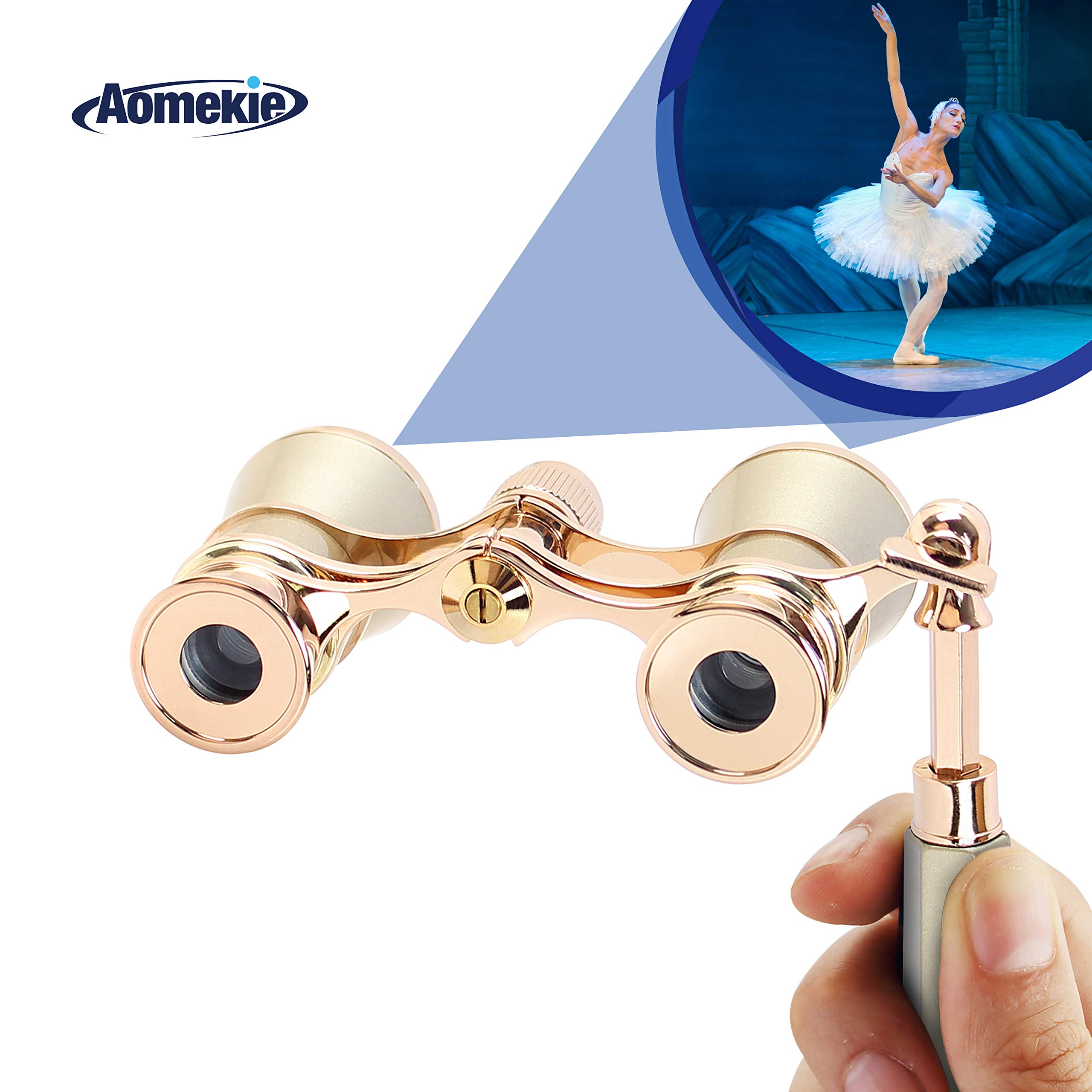 Aomekie Theater Opera Glasses 3X25 Binoculars for Musical Concert (Gold with Handle)