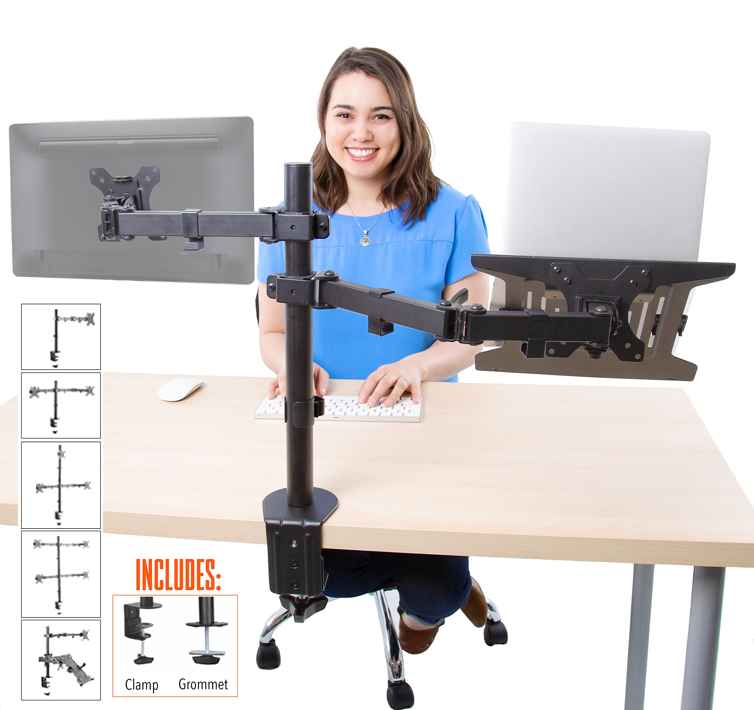 Stand Steady Monitor Mount + Laptop Stand | Height Adjustable Monitor and Keyboard Stand with Full Articulation and Desk Clamp Or Grommet | VESA Mount 13-32 inches (Arm + Laptop Clamp)