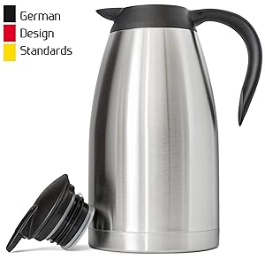 New 68 Oz (2 Liter) German-Designed Thermal Coffee Carafe | Stainless Steel Insulated Double Wall | BPA-Free Vacuum Thermos | Effectively Keeps Beverages Hot/Warm (up to 12 Hrs) or Cold (up to 24 Hrs)