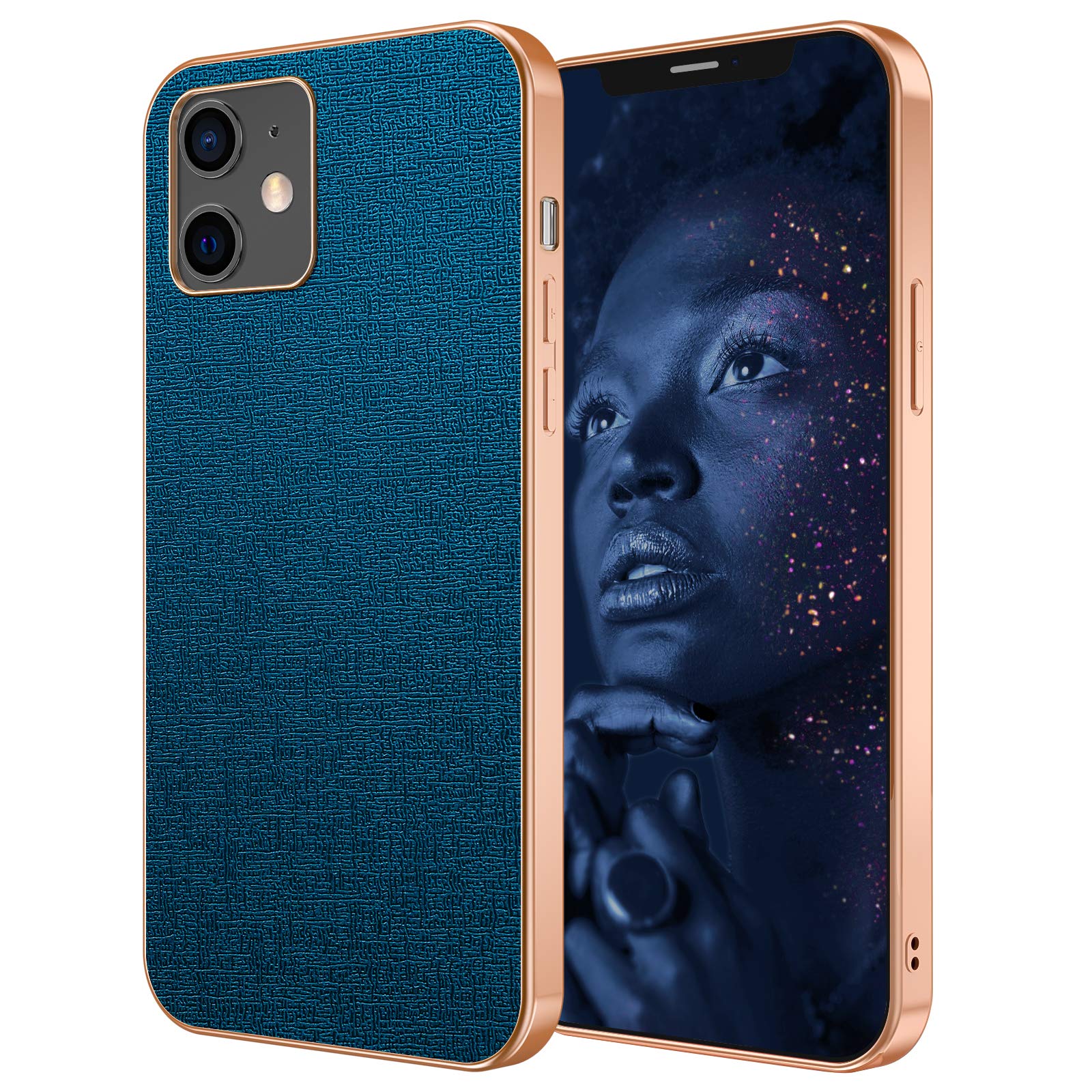 HPDUNO iPhone 12 Case iPhone 12 Pro Cover, Sparkly PU Leather Basic Cases with Rose Gold Edge, Anti-fingerprint Shockproof Soft Protection Back Covers for iPhone 12 and iPhone 12 Pro 6.1 inch (Blue)