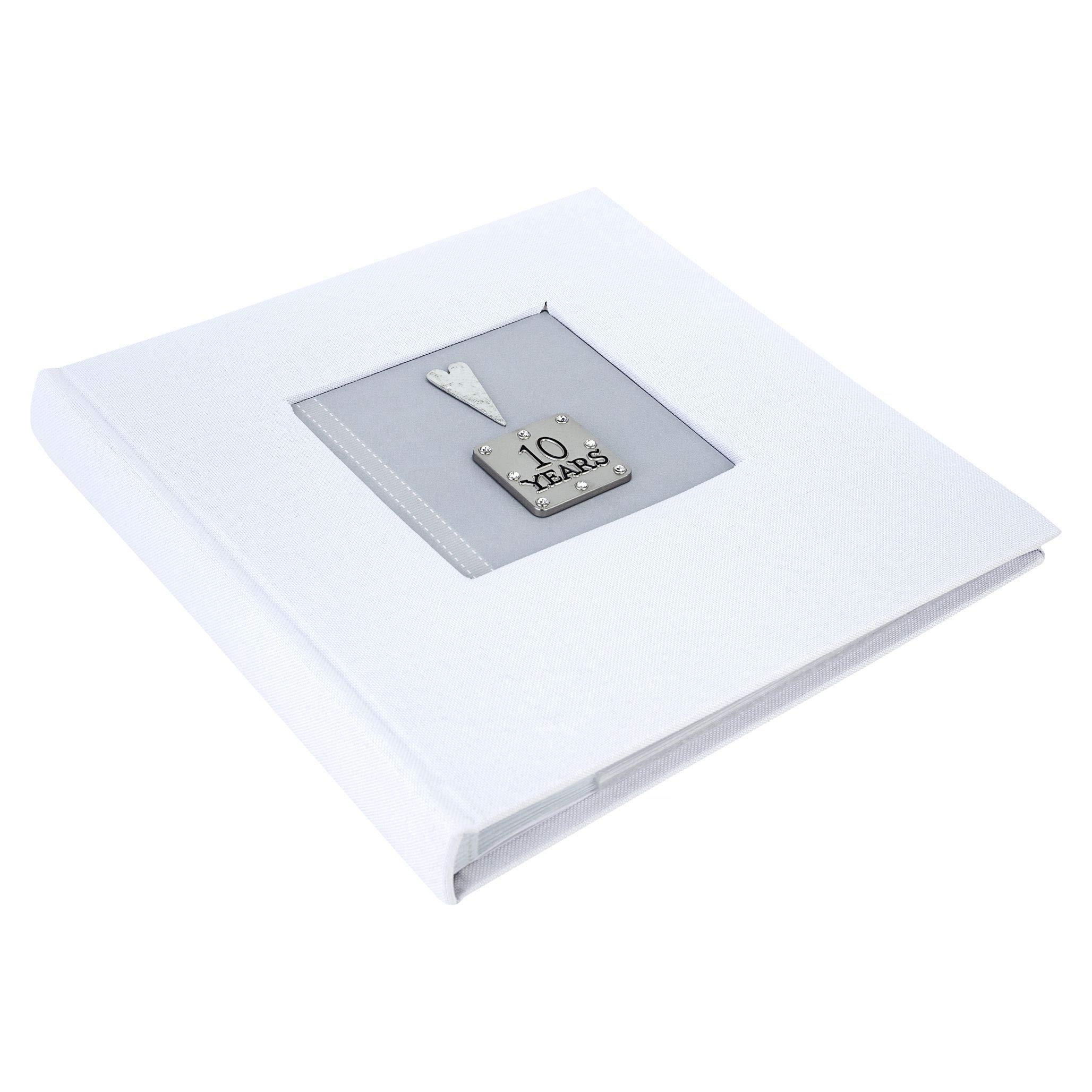 Metal Planet Ltd 10 Years Tin Anniversary White Linen Photo Album (Gift Boxed). Holds 100 photos 6x4 inch size in clear sleeves with message area to write your caption.