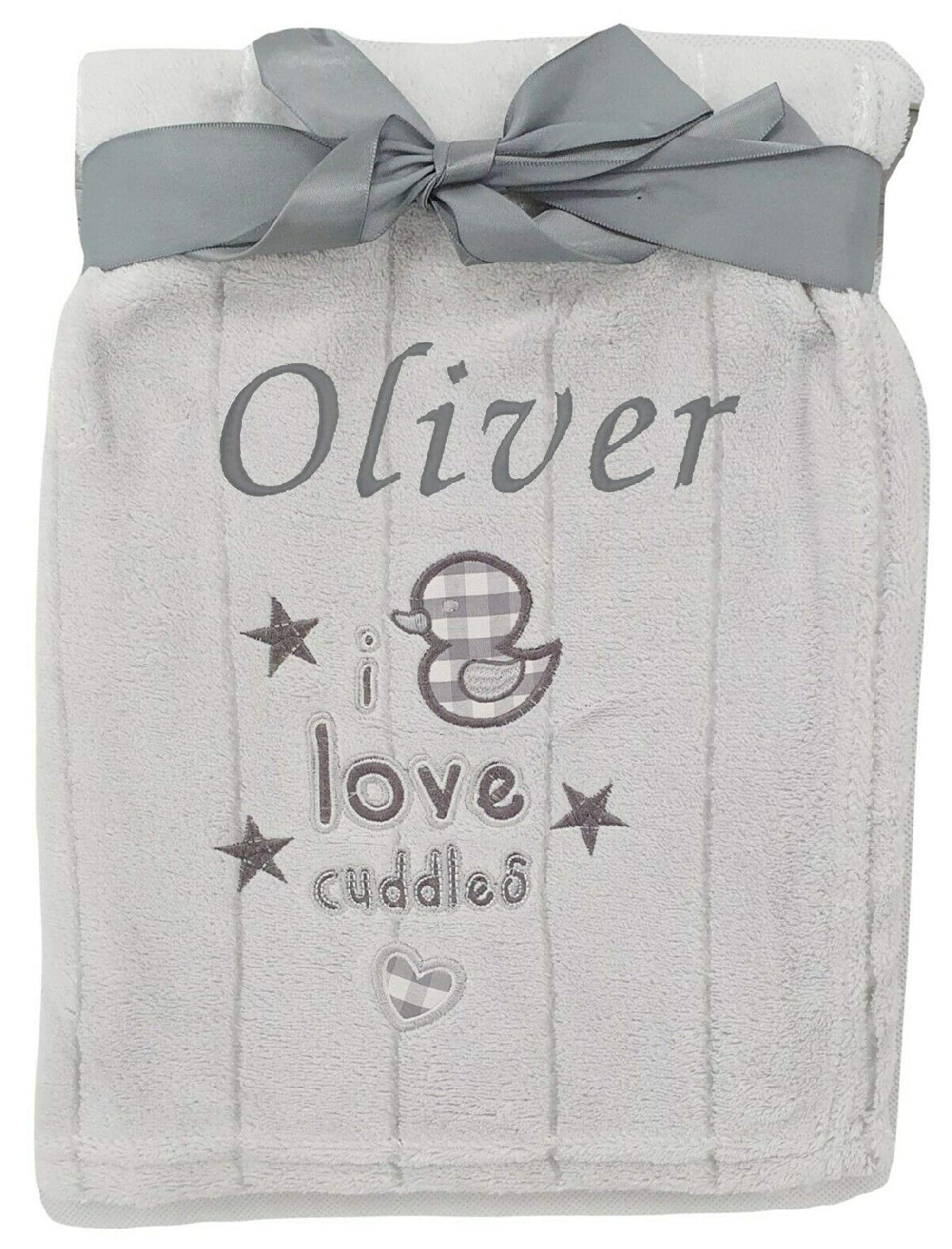 Baby Boy Girl Personalised Blanket Embroidered Name Various Designs White Grey (Grey Love Cuddles)