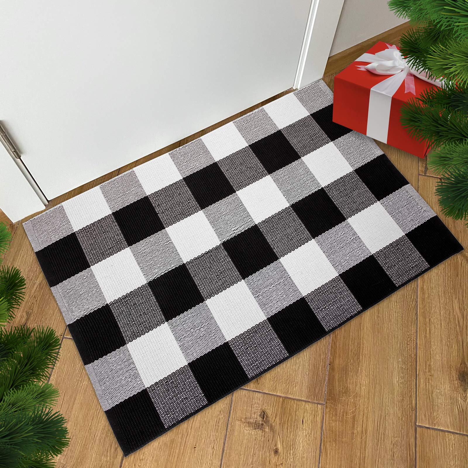 Black and White Buffalo Plaid Outdoor Rug - 24x36 + Upgraded Anti-Slip Mat - Cotton Buffalo Plaid Rug for Outdoor/Indoor Use - Washable Front Door Mat for Front Porch, Kitchen, Farmhouse Entryway